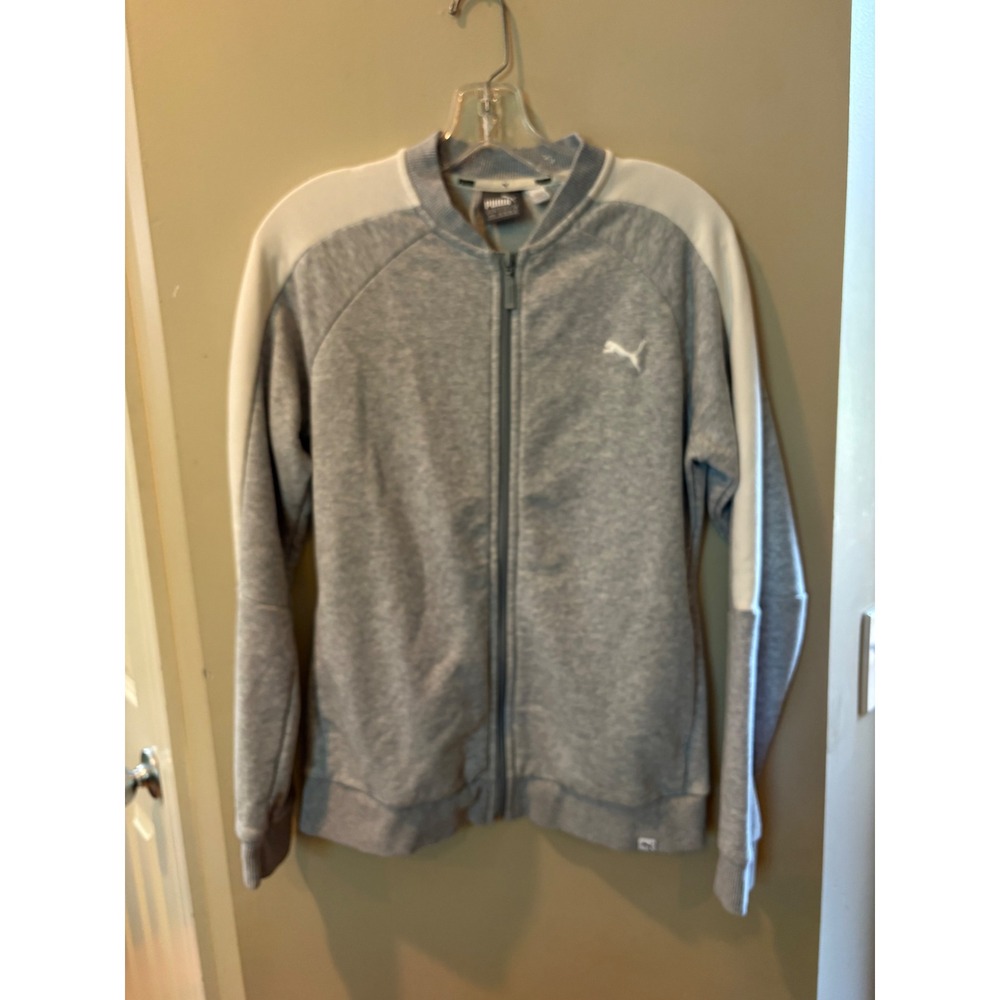Puma Womens‎ Full Zip Track Jacket Heather Gray White Stripe Size Medium Raglan